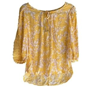Unique Spectrum Floral Print Tunic Top Lace Sleeve Yellow Medium